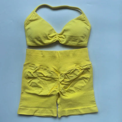 NO LOGO 2PCS Gym Set Women Strappy Yoga Bra Top High Waist Workout Scrunch Shorts Sports Suit Seamless Yoga Set Fitness Clothes Badiee Stylez