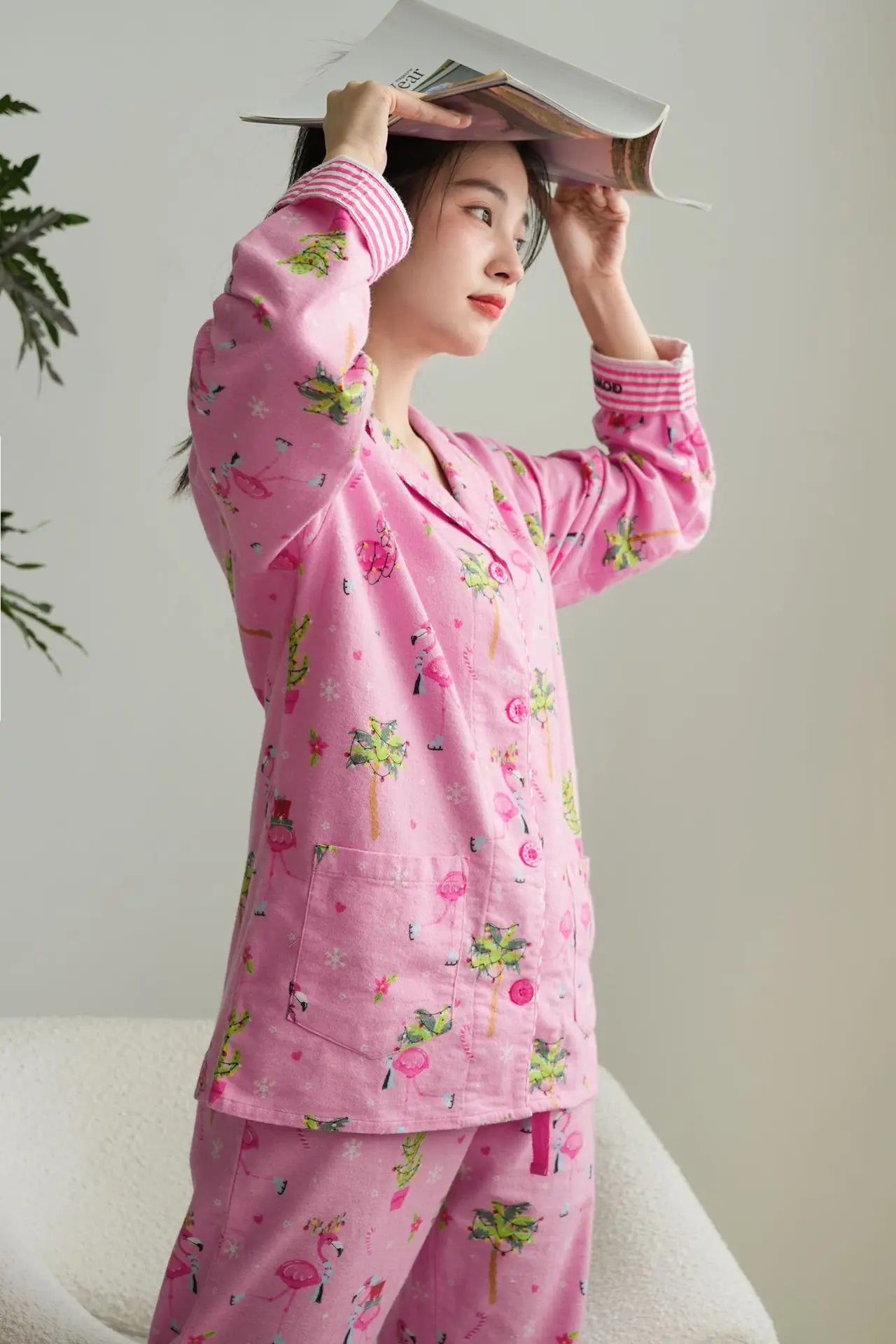 Women's Print Cotton Pajama Set Long Sleeve Autumn Winter Ladies Sleepwear 2 Pcs with Pant Single Breasted Pijama Suit Female