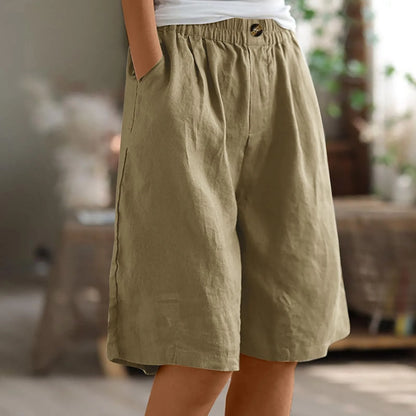 Female Fashion Solid Color Elastic High Waist Pocket Button Up Loose Cotton Linen Five Length Shorts Summer Soft Comfort Pants Camel