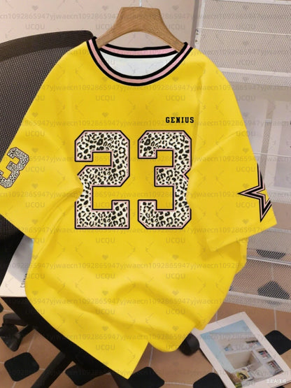 Women's Letter Leopard NO.23 Print Round Neck Short Sleeve T-Shirt Summer Graphic Tee Plus Size Sport T-Shirt