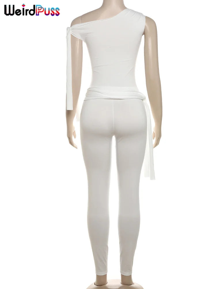 Weird Puss Chic Elegant 2 Piece Set Women Tracksuit Skew Collar Ribbon Tank Tsop+Leggings Casual Skinny Stretch Matching Outfits