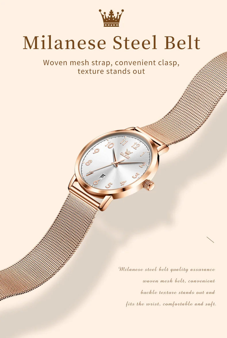 OLEVS New 5653 Woman Watch Elegant Rose Gold Mesh Steel Strap Ladies Watches Digital Dial Simple Fashion Quartz Watch for Women
