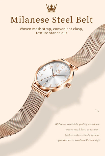 OLEVS New 5653 Woman Watch Elegant Rose Gold Mesh Steel Strap Ladies Watches Digital Dial Simple Fashion Quartz Watch for Women