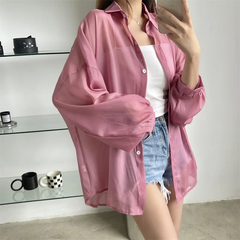 Semi Sheer Long Sleeve Shirt for Women Shimmer Button Down Collared Plain Lightweight Shirt Spring Summer Chic Tops Outfit