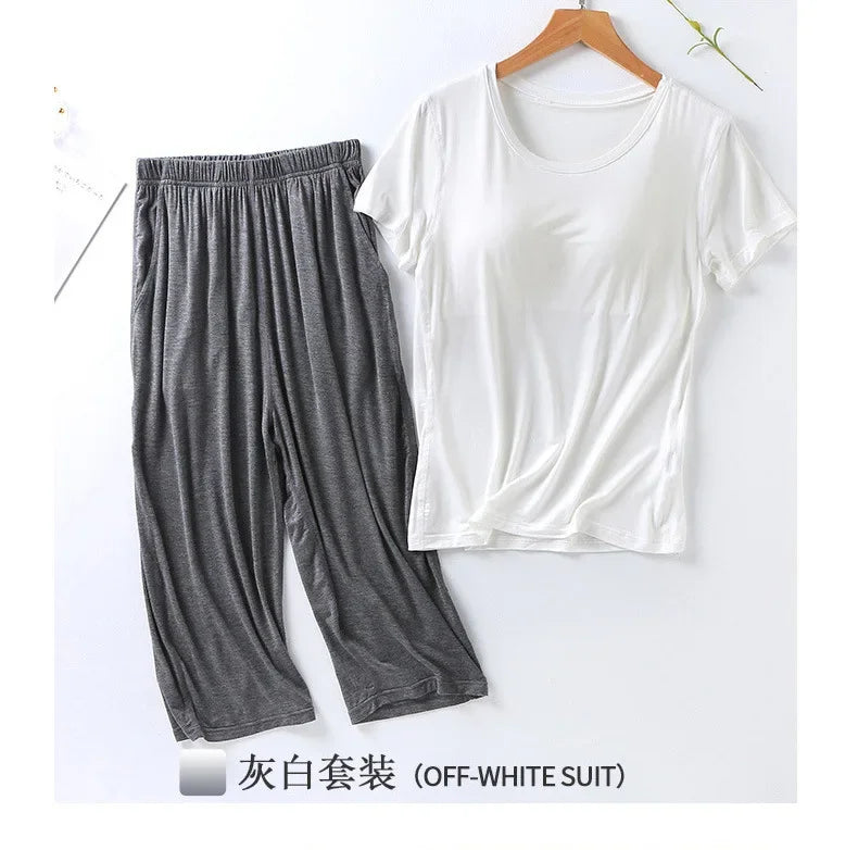2025 summer new ladies modal pajamas two-piece suit with chest pad short-sleeved cropped trousers plus size home service set 02