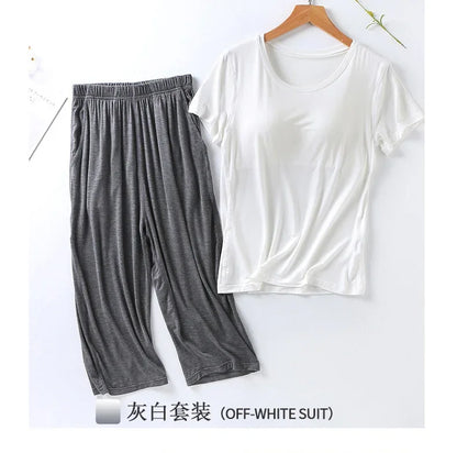 2025 summer new ladies modal pajamas two-piece suit with chest pad short-sleeved cropped trousers plus size home service set 02