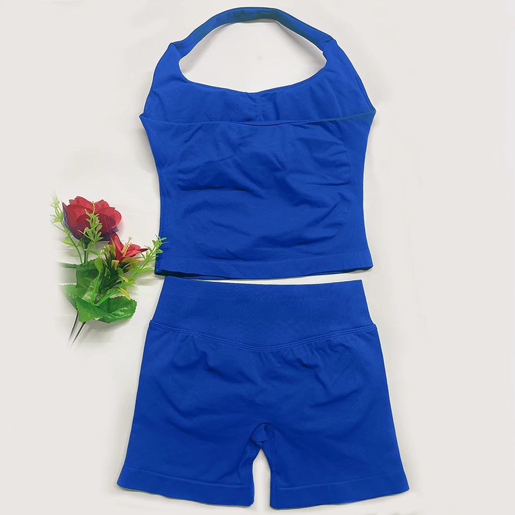 two piece DF yoga clothing set outfits woman yoga Impact Halter Top and spors shorts 4.5 inch Gym workout sets pilates clothes Badiee Stylez