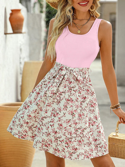 New Summer Woman Elegant Lace-up Sleeveless A-Line Dress,beach Dress For Ladies,Woman Clothing,Floral Dresses