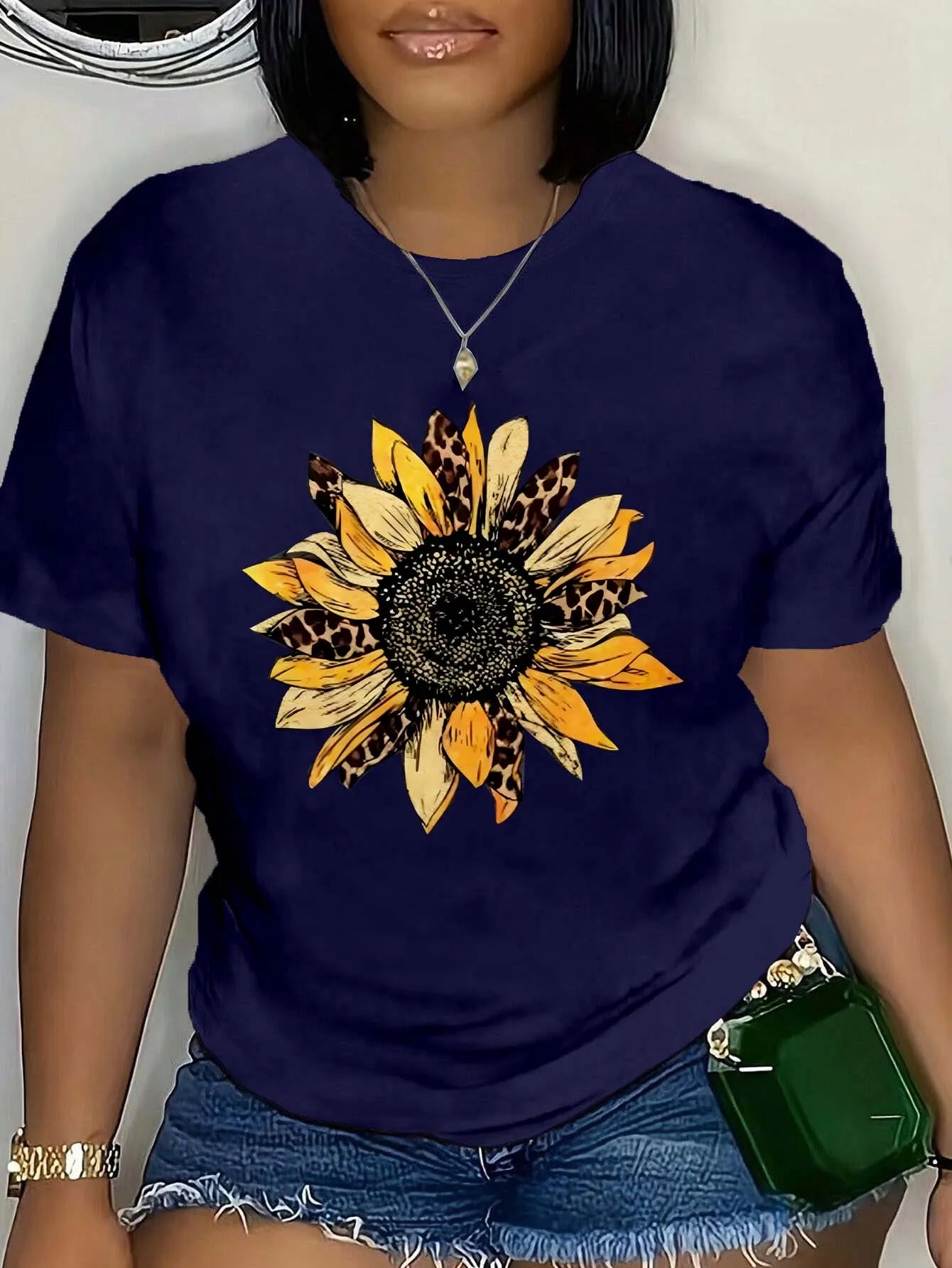 Plus Size Leopard Sunflower Graphic Tee Fashion Forward Plus Size Top With Unique Floral Leopard Print For Chic Summer Vibes Blue