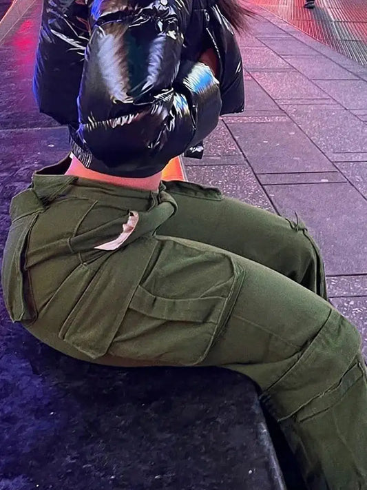 Womens New Denim Cargo Pants Retro Loose Trousers Multi Pocket Hip Hop Jeans Streetwear Wide Leg Casual Straight Pants TC708321