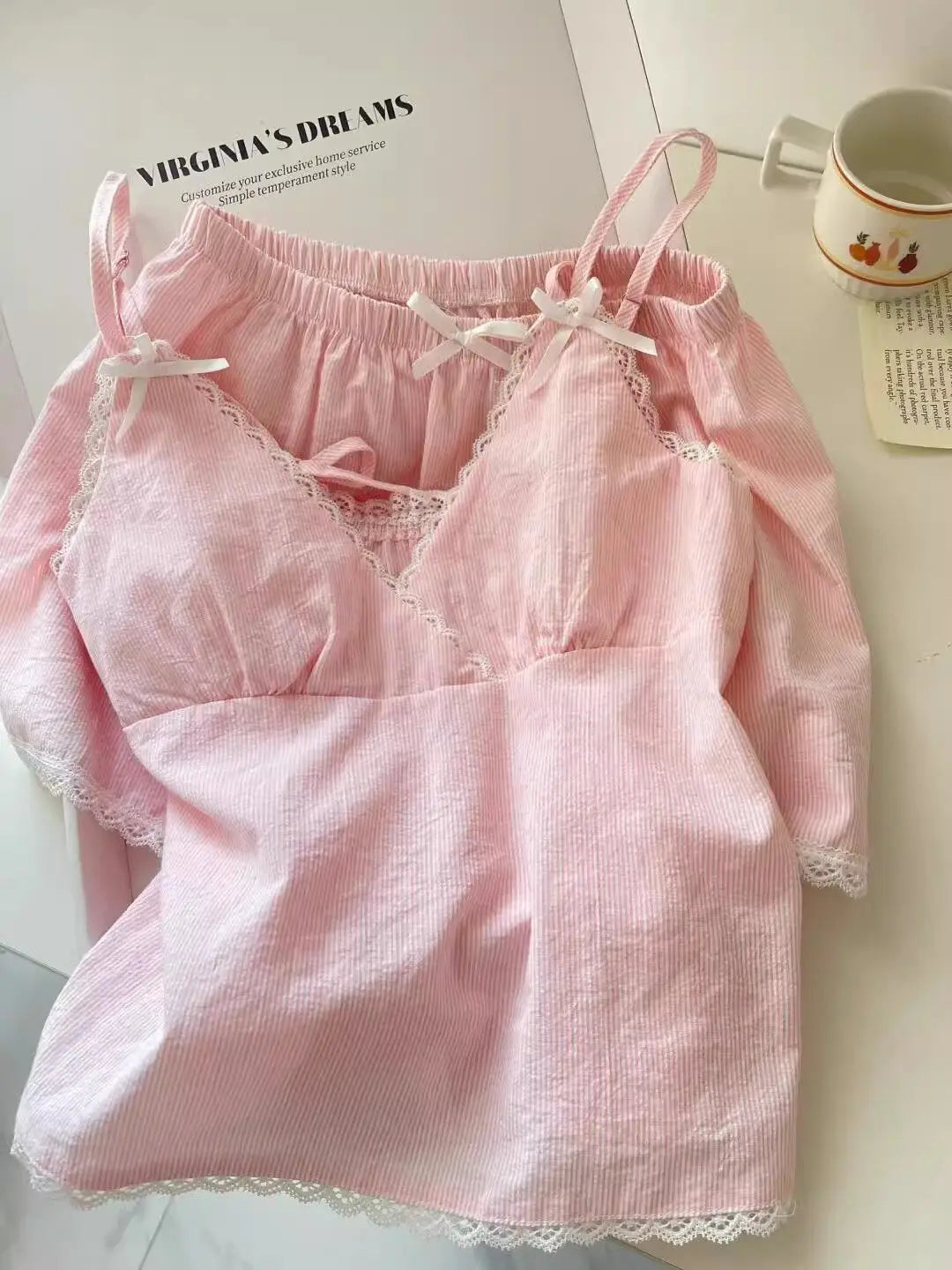 Lace Sleepwear Women Pajama Sets Striped Korean Piiama Summer Shorts Sets 2 Pieces Spaghetti Strap Night Wears Pink Home Suit