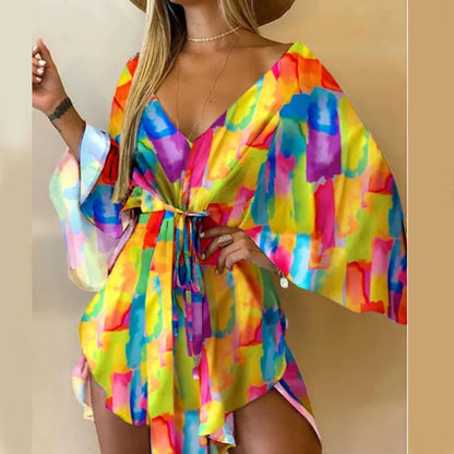 Sexy Women Mini Dress Floral Print V Neck 3/4 Bat Sleeve Lace Up Irregular Hem Casual Loose Beach Cover Up Dress Vestido Mujer Chroma