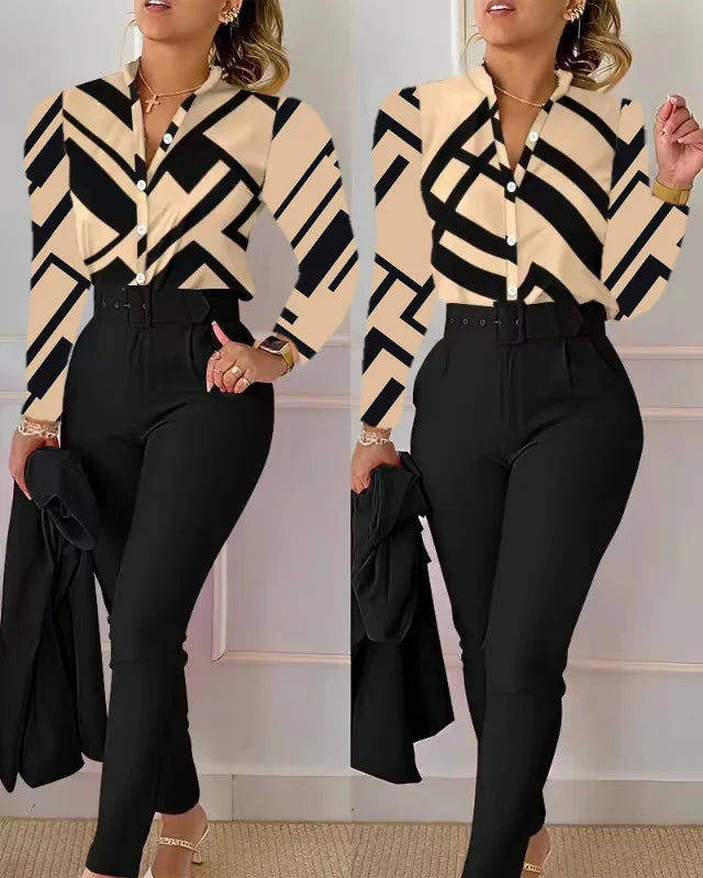 Elegant Women Printed Two Piece Suit Sets Spring Autumn V Neck Long Sleeve Shirt Top & Long Pants Set With Belt Workwear Outfits
