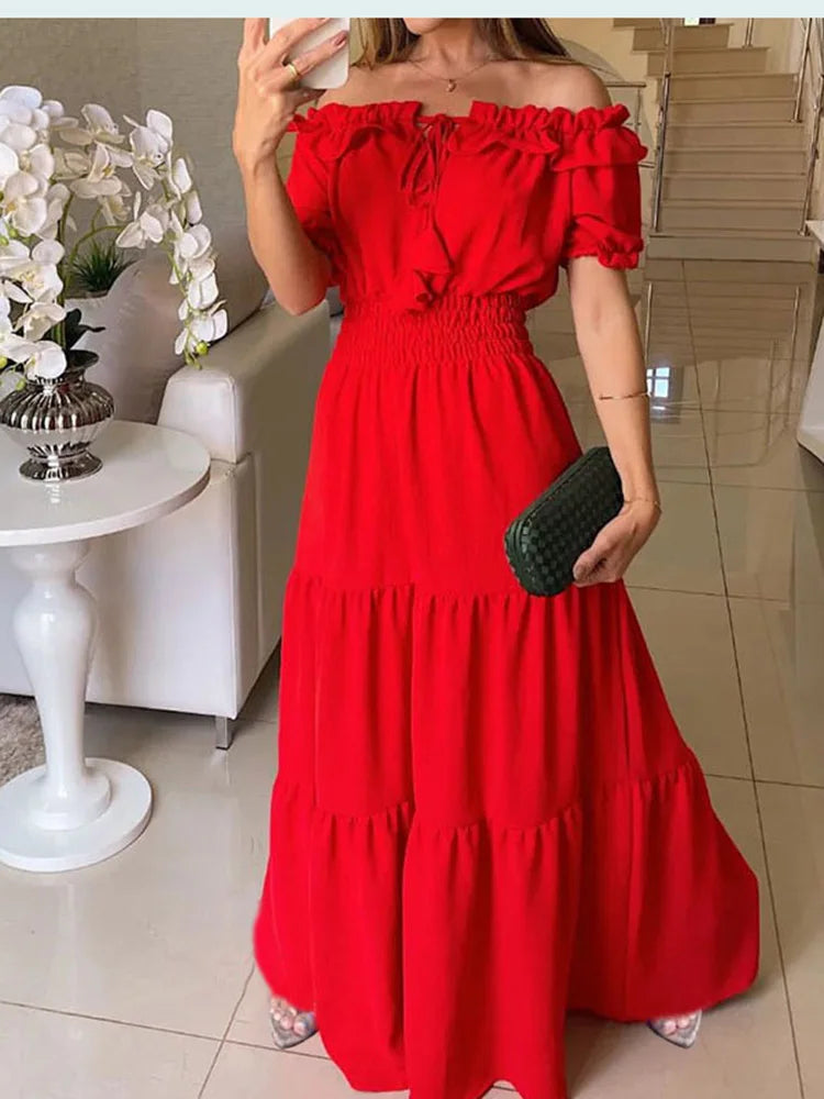 2025 Summer Solid Boho Dress Women Fashion Elegant Beach Party Dress Casual Slash Neck Office Maxi Dresses For Woman Robe Femme 5