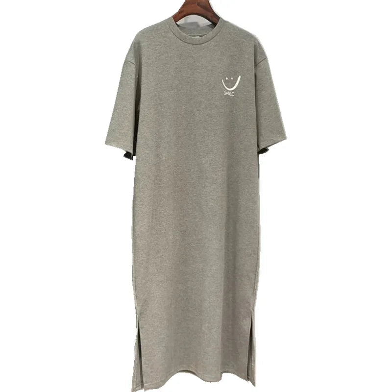 Summer Versatile Academy Style Short Sleeve Loose Korean Print Split Medium Length Dress T-shirt Women Casual Comfortable Style Badiee Stylez