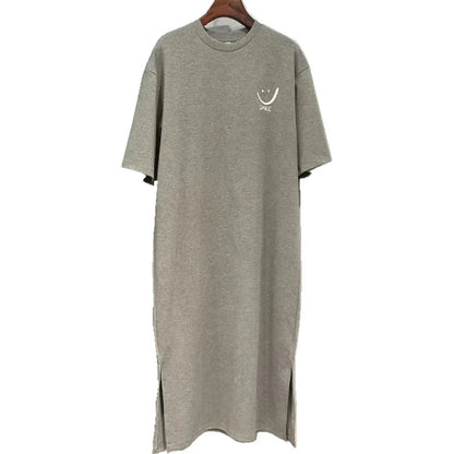 Summer Versatile Academy Style Short Sleeve Loose Korean Print Split Medium Length Dress T-shirt Women Casual Comfortable Style Badiee Stylez