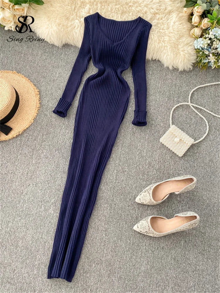SINGRAIN Women Autumn Knitted Dress V Neck Sexy Slim Elastic Oversized Basic Bodycon Long Dress Winter knit Warm Sweater Dresses Dark blue One Size