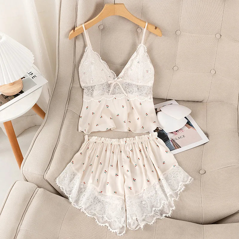 Summer Print Pyjamas Suit Women Sleepwear Lace Hollow Out Pajamas Set Sexy Strap Top&Shorts PJS Lingerie Satin Homewear Style-6