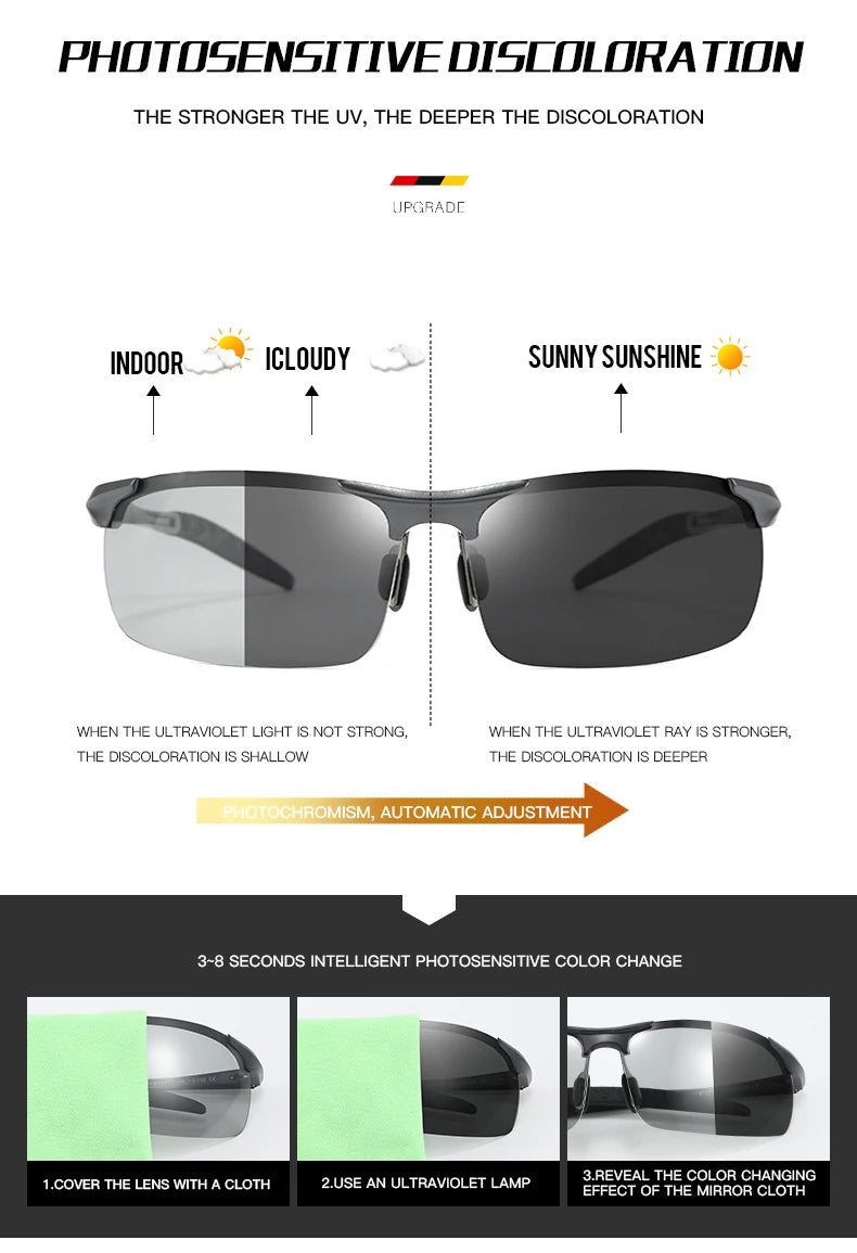 SZTZX Aluminum Rimless Photochromic Sunglasses Men Polarized Day Night Driving Glasses Chameleon Anti-Glare Sport gafas de sol