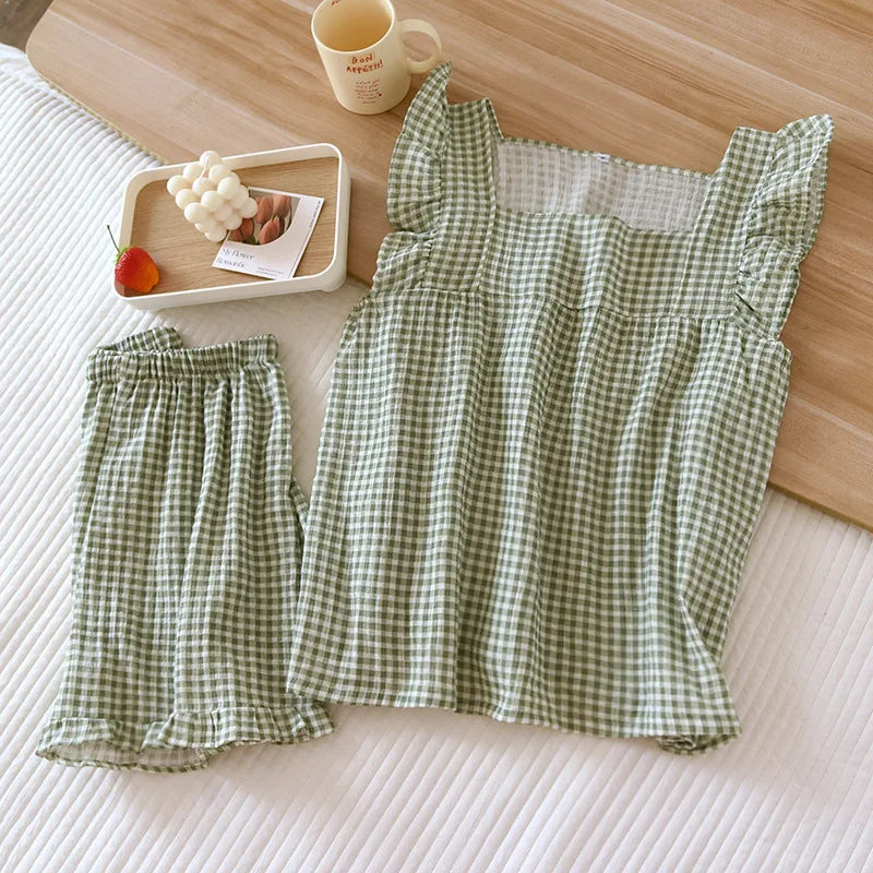 2025 Japanese summer new women's pajamas suit short-sleeved shorts two-piece 100% cotton crepe simple checked thin home clothes