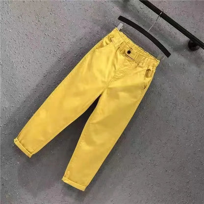 New Spring Summer Women Casual Harem Pants All-matched Casual Cotton Denim Pants Elastic Waist Solid Yellow White Jeans Female