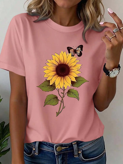 Plus - Size Sunflower & Butterfly Graphic Tee, Short - Sleeve pink