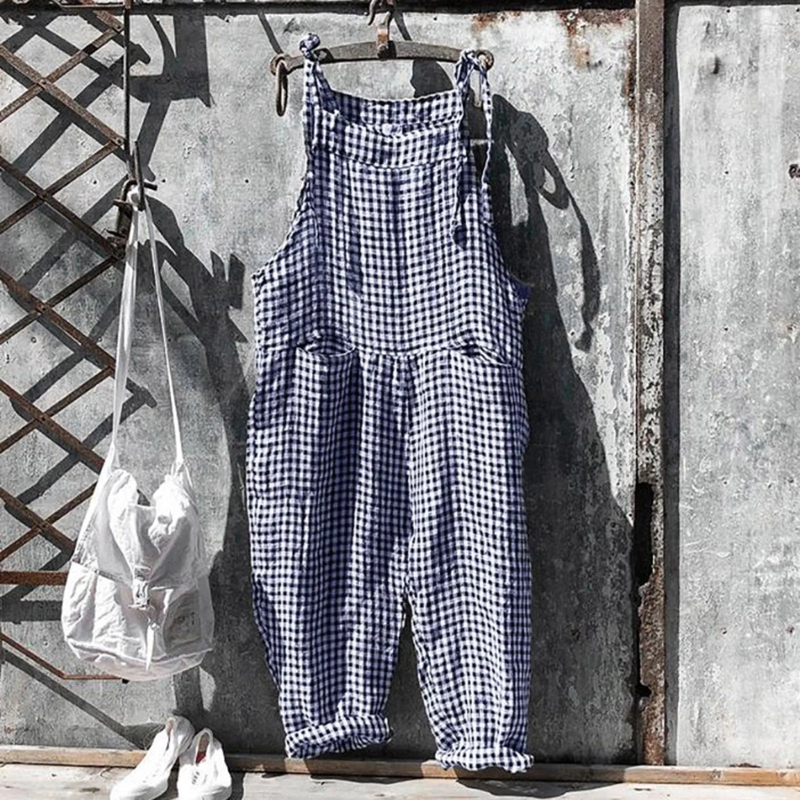 Casual Striped Overalls Korean Style Women's Summer Loose Fit Suspenders Jumpsuits Contrast Color Wide Leg Pants WIth Pockets Dark Blue
