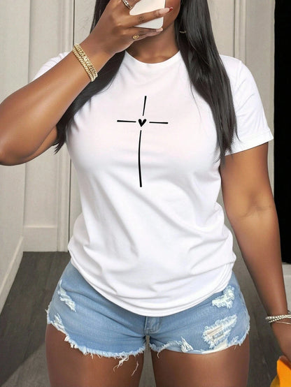 Plus Size Spiritually Themed T shirt Showcasing Simple Cross and Heart Motif for Faith based Fashion white