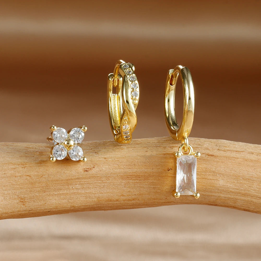 3PCS Fashion Stainless Steel Circle Hoop Earrings Set for Women 18K Gold Plated Zircon Pendant Square Earring Piercing Jewelry