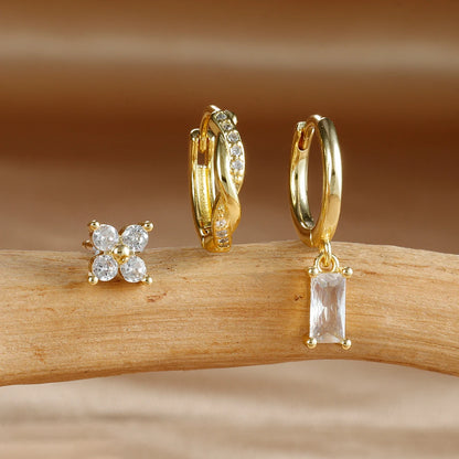 3PCS Fashion Stainless Steel Circle Hoop Earrings Set for Women 18K Gold Plated Zircon Pendant Square Earring Piercing Jewelry