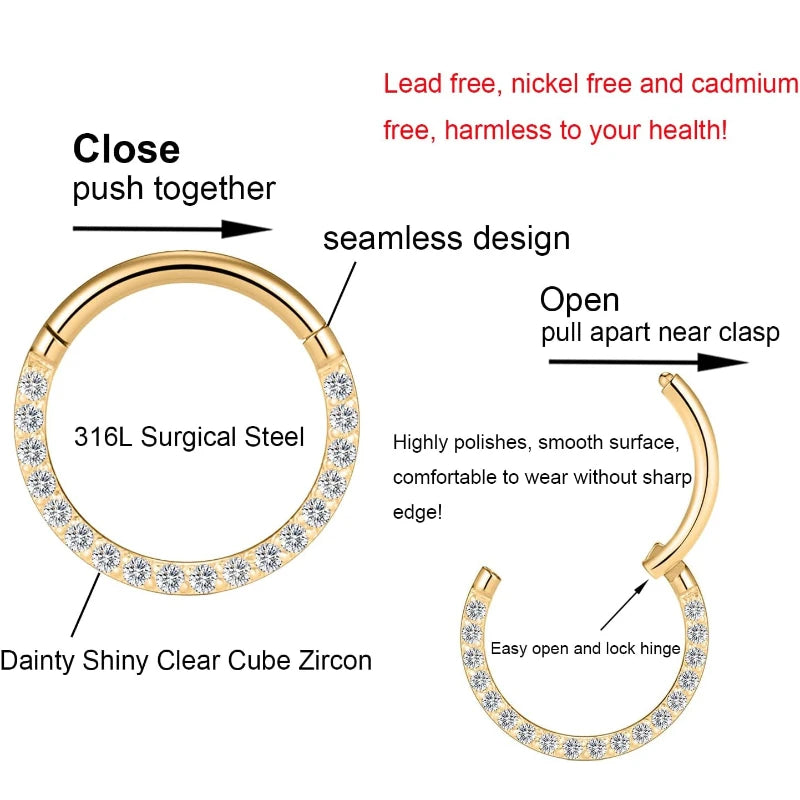 Surgical Steel Nose Rings Hinged Segment Ear Cartilage Tragus Earrings Helix Hoops CZ Septum Clicker Piercing Body Jewelry