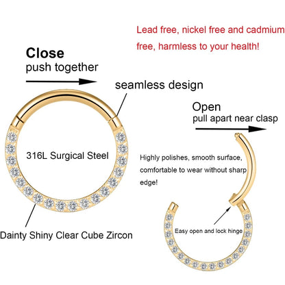 Surgical Steel Nose Rings Hinged Segment Ear Cartilage Tragus Earrings Helix Hoops CZ Septum Clicker Piercing Body Jewelry