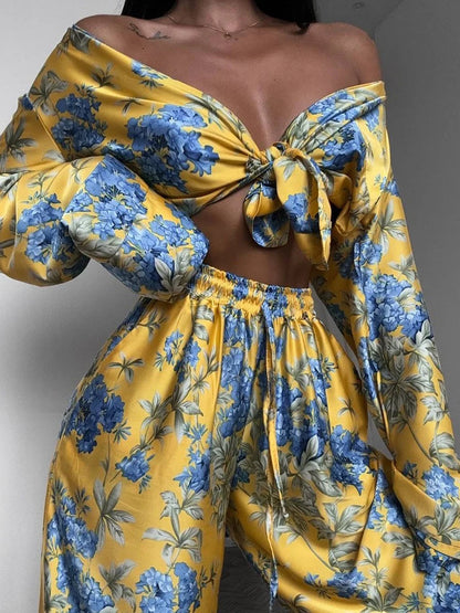 Marthaqiqi Fashion Women Nightwear Suit V-Neck Pajamas Long Sleeve Nightie Lace Up Nightgowns Pants Printing Ladies Pyjamas Set