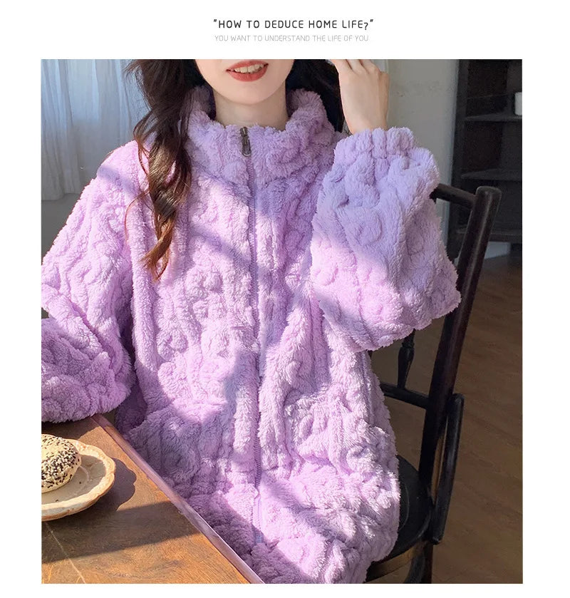 Large Size Flannel Pajamas Set Autumn Winter Female Sleepwear Trouser Suit Thicken Coral Fleece High Collar Lounge Wear Homewear