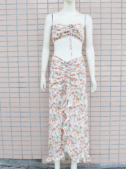 Floral Print Strapless Crop Tops & Shirring Ruffles Slit Maxi Skirts Set Women Summer Two Piece Set