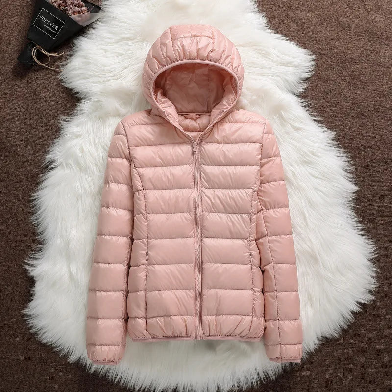 Plus Size 2023 Autumn and Winter New Women Lightweight Puffer Jacket Female Hooded Slim-fit White Duck Down Warm Short Coats cherry pink