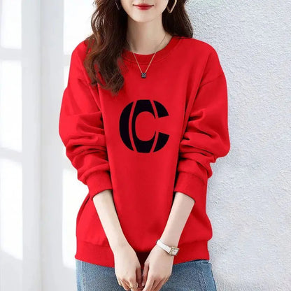 Women Clothing Spring Autumn Long Sleeve Print Letter Loose Casual Hoodies Sweatshirts Lazy Style All-match Tops Trend Fashion Red
