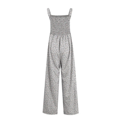 Women'S Suspender Jumpsuits Fashion Trend Pleated Shoulder Straps Printed Pocket Loose Wide Leg Jumpsuits Daily Casual All-Match
