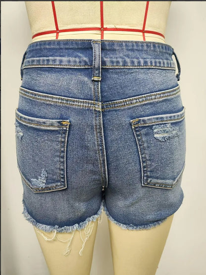 Ripped Raw Denim Shorts For Women Fashion A-line Hem Female Summer Hot Pants Streetwear Blue Clothing Skinny Sexy Retro Leisure Badiee Stylez