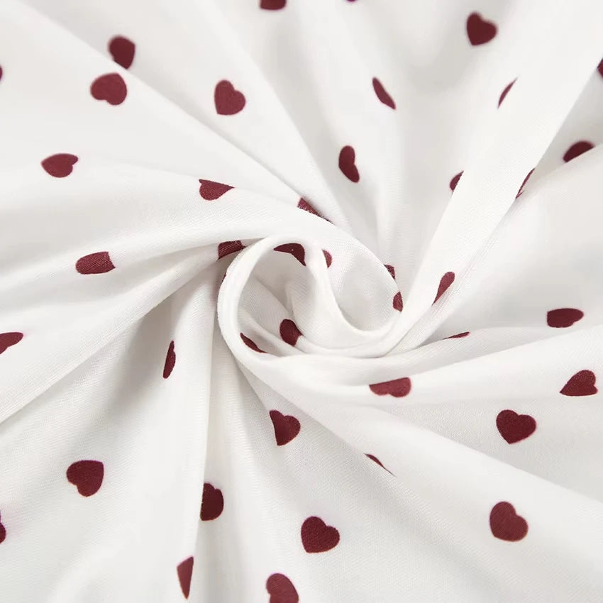 Womens Cute Heart Print Pajama Set Two Piece Short Sleeve Crop Top Ruffle Shorts Sleepwear Loungewear Casual Summer Nightwear ﻿