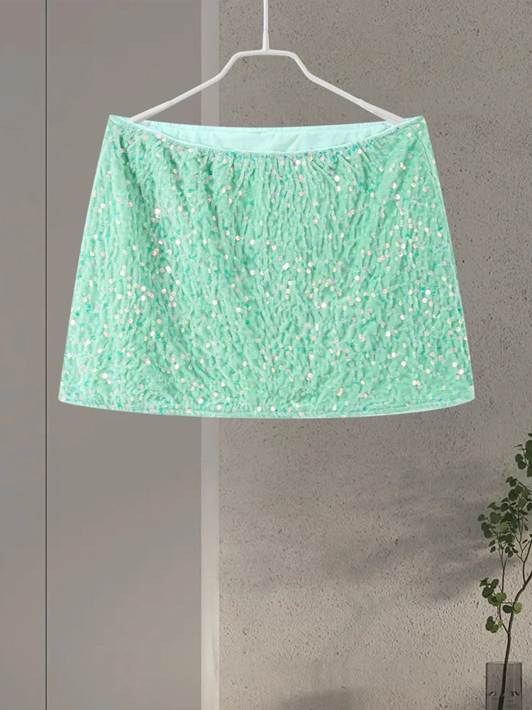 O-neck Vest Mini Skirt Suits Women Sexy sparkly Sequined Sleeveless Tank Tops With Bodycon Short Skirts Fashion Ladies Beachwear