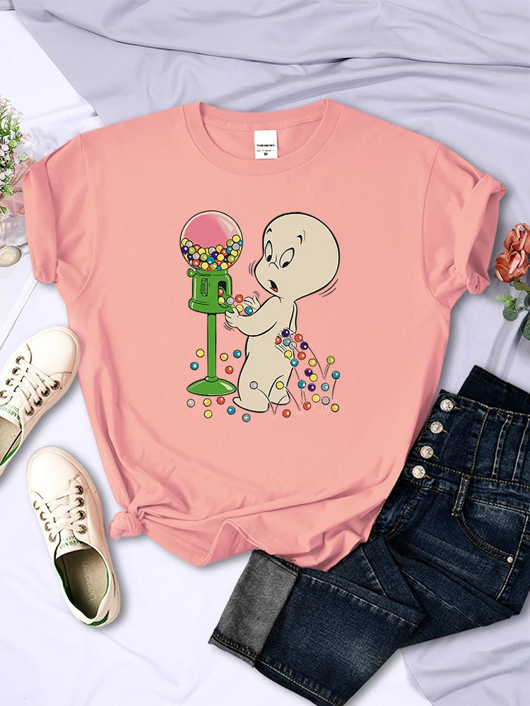 The Little Boy Likes Colored Glass Balls Women Short Sleeve Creative Street Tops Casual O-Neck Clothing All-math Female T-Shirts Pink