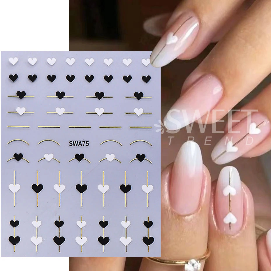 2pcs Black White Red Love Heart Nail Stickers Metallic Golden French Line 3D Adhesive Slider DIY Valentine Design Manicure Decor
