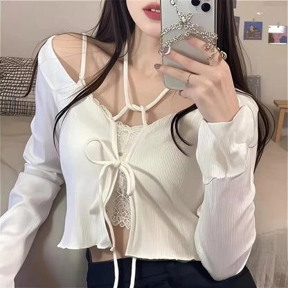 Casual Knitted Cardigan Women Fashion Thin Sunscreen Lace-Up Knitwear Tops Y2k Girls Korean Style Flare Sleeve Cropped Coat