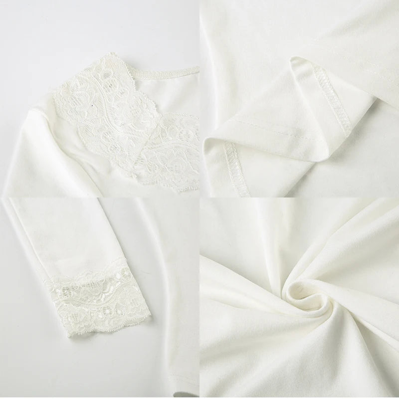 Cuteandpsycho Lace Patchwork Solid Slim Tee Shirts Long Sleeves V-neck Aesthetic Fashion Clothes Vintage Streetwear Black Tops