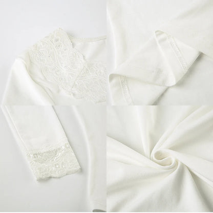 Cuteandpsycho Lace Patchwork Solid Slim Tee Shirts Long Sleeves V-neck Aesthetic Fashion Clothes Vintage Streetwear Black Tops