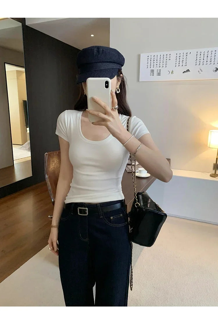Femme 2025 Summer Casual Cotton T Shirt For Women Short Sleeve Tshirts Fashion Womens Clothing Slim Basic O Neck Y2K Tee Shirt