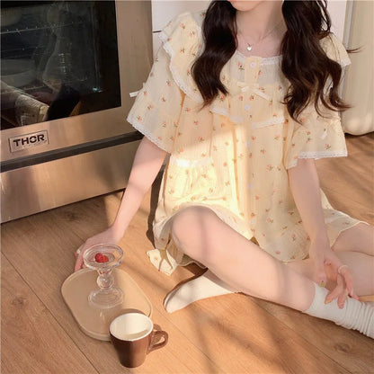 Summer New Women's Princess Style Sweet Pajamas Homewear Set Girls Lace Small Floral Summer Short-Sleeved Shorts Loose Pajamas