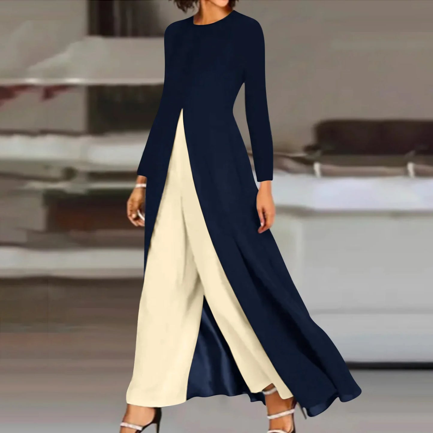 Jumpsuit Women 2024 Summer Fashion Colorblock Patchwork Rhinestone Square Collar Long Sleeve Asymmetrical Daily Long Jumpsuit Badiee Stylez