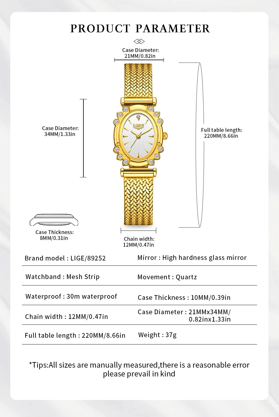 LIGE 2025 New Gold Square Watch For Women Simple Fashion Waterproof Quartz Ladies Watches Ultra-Thin Mesh Women's Bracelet Watch